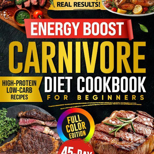 Carnivore diet cookbook cover with steaks, high-protein low-carb recipes for beginners