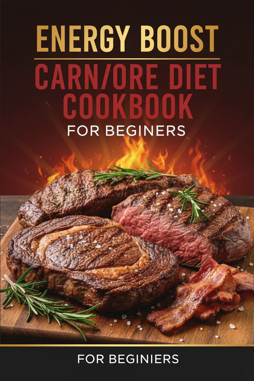 Carnivore diet cookbook cover showing grilled steaks, bacon, and rosemary on wood board with flames