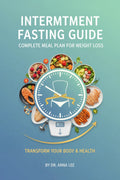 Intermittent fasting guide ebook cover with healthy meals, weight scale, fitness and diet plan theme