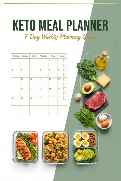 Keto meal planner cover with 7-day calendar, healthy food containers, and fresh keto ingredients.