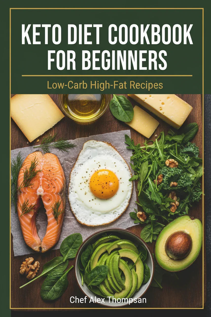 Keto diet cookbook cover with salmon, fried egg, avocado, cheese, leafy greens, and walnuts.