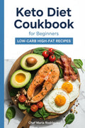 Keto diet cookbook cover featuring salmon, eggs, avocado, bacon, spinach, and tomatoes