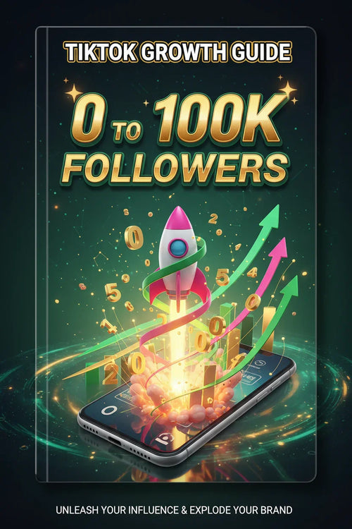TikTok growth guide ebook cover with rocket, smartphone, upward arrows, and follower numbers.