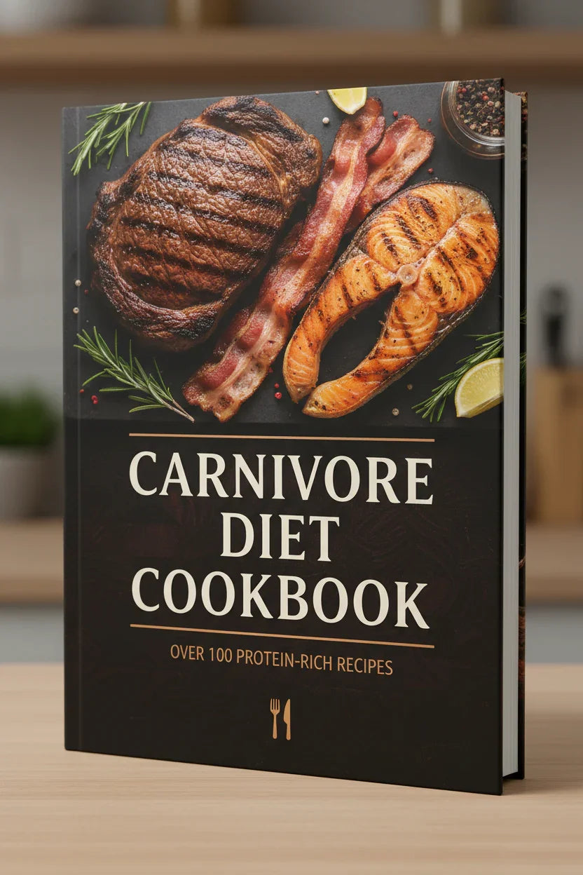 Carnivore diet cookbook with steak, bacon, grilled salmon on the cover, protein recipe book